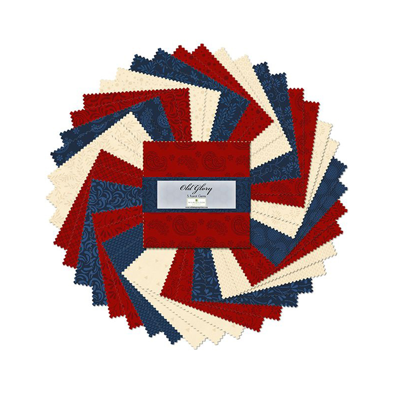 A fanned out collage of the red, cream, and blue fabrics included in the Old Glory 5 Karat Gems set.