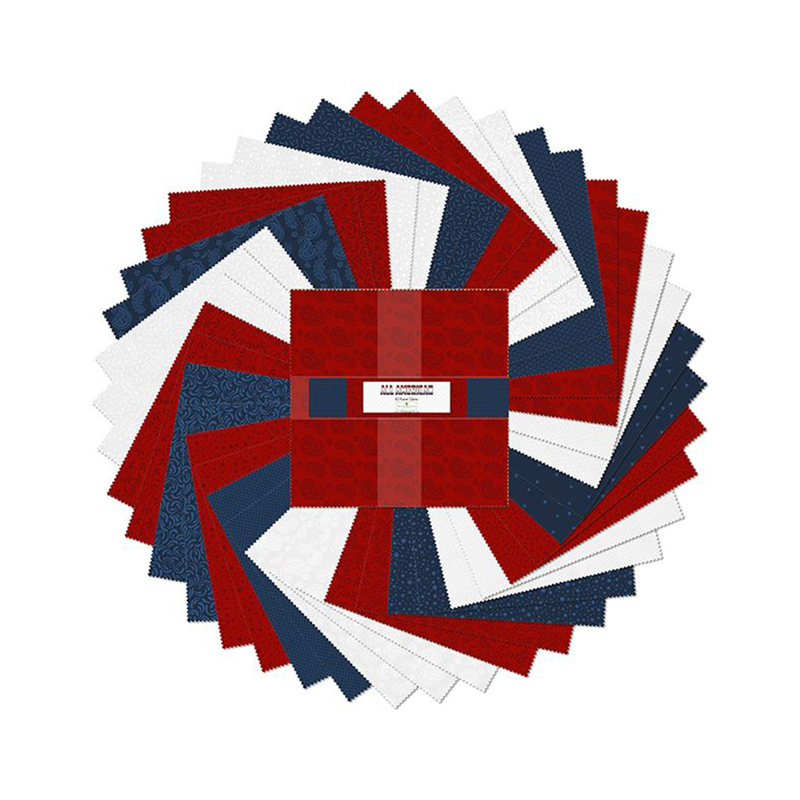 A fanned out collage of the red, white, and blue fabrics included in the All American 10 Karat Gems set.