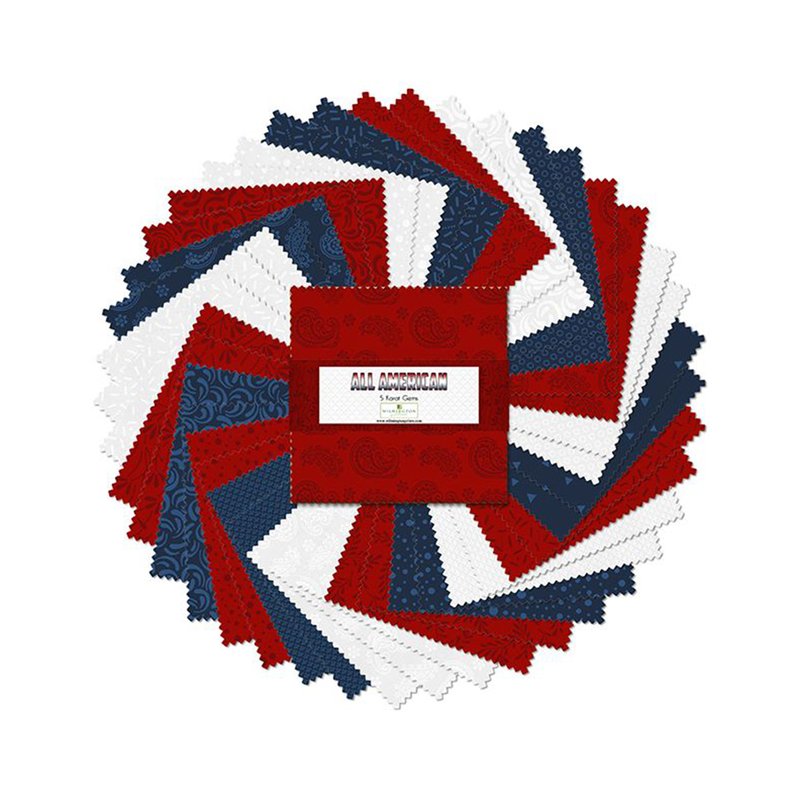 A fanned out collage of the red, white, and blue fabrics included in the All American 5 Karat Gems set.