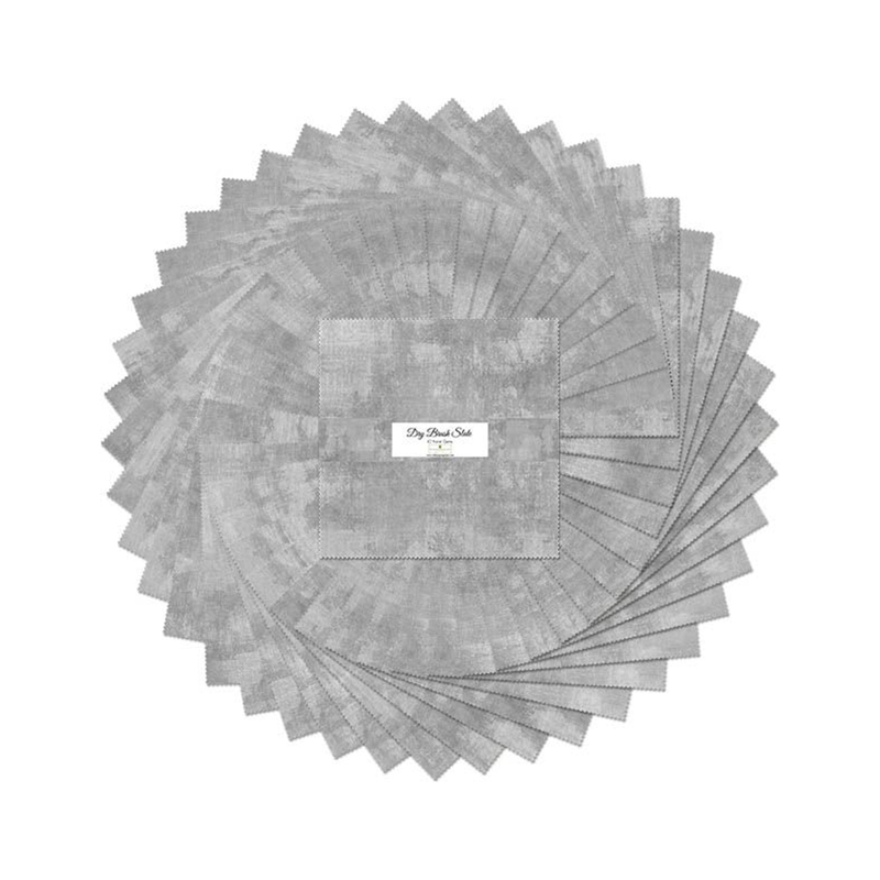 A circular arrangement of gray fabric swatches labeled Dry Brush Slate