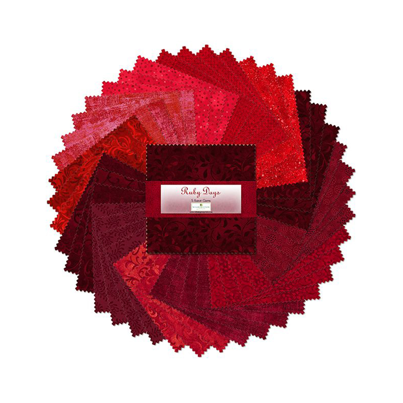 A fanned out collage of the red fabrics included in the Ruby Days 5 Karat Gems set.