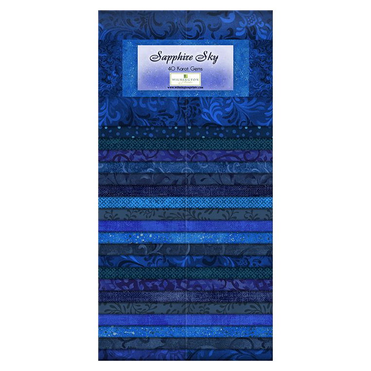 vertical fabric strips of blue tonal floral patterns