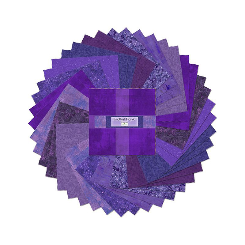 A fanned out collage of the purple fabrics included in the Amethyst Royale 10 Karat Gems set.