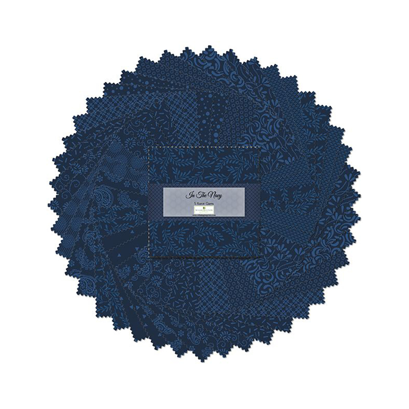 A fanned out collage of the navy blue fabrics included in the In The Navy 5 Karat Gems set.