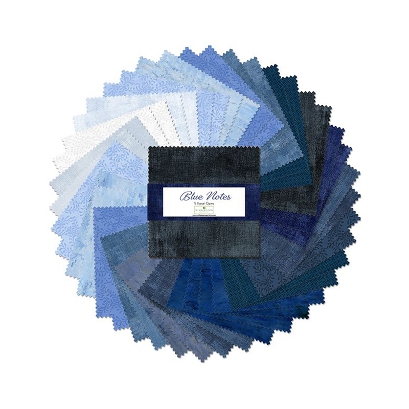 A fanned out collage of the blue fabrics included in the Blue Notes 5 Karat Gems set.