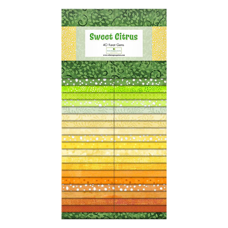 A vertical display of patterned paper strips in shades of green, yellow, and orange, titled Sweet Citrus.