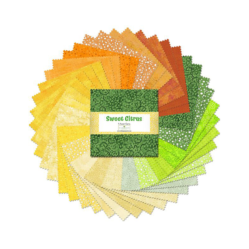 A fanned out collage of the orange, yellow, and green fabrics included in the Sweet Citrus 5 Karat Gems set.