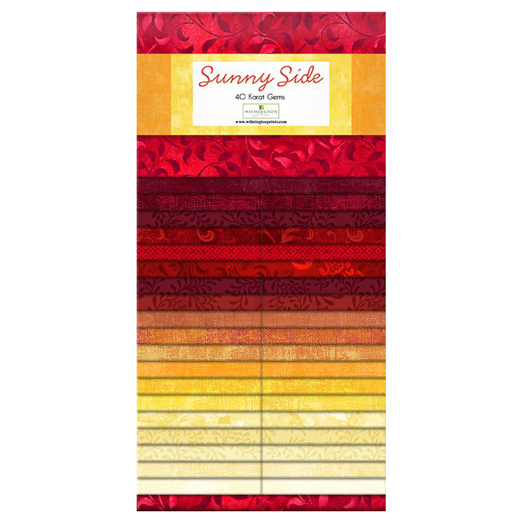 A collection of fabric swatches in vibrant reds and yellows, labeled Sunny Side.