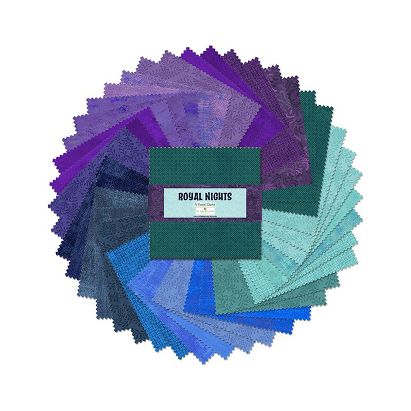 A circular arrangement of blue, purple, and teal fabric squares 