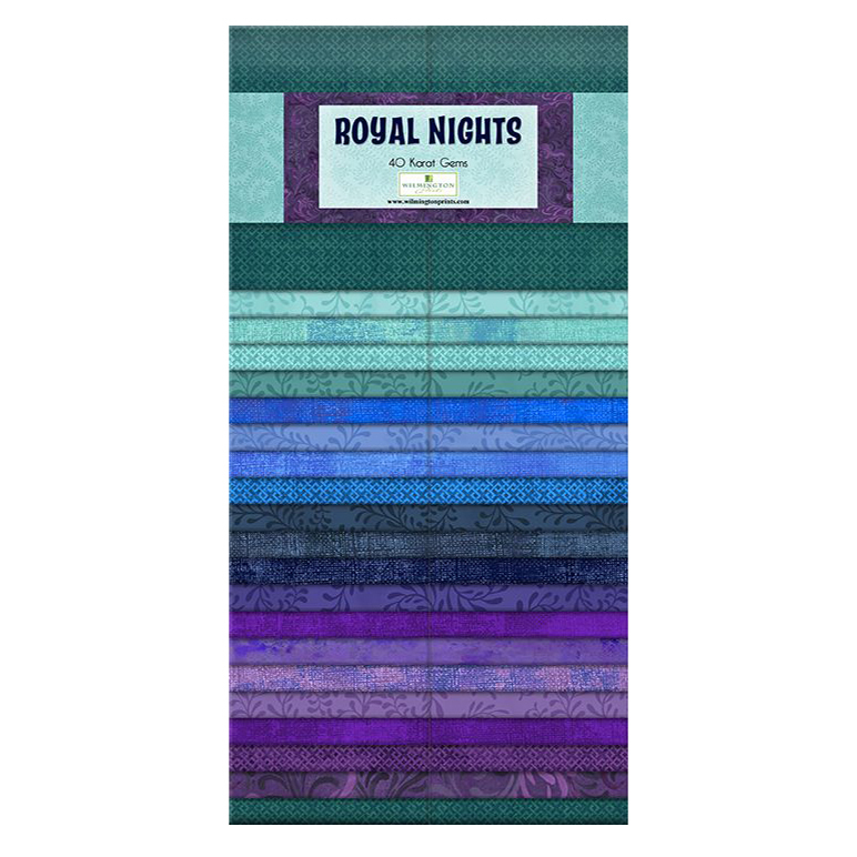 vertical fabric strips of teal, blue, and purple tonal floral patterns