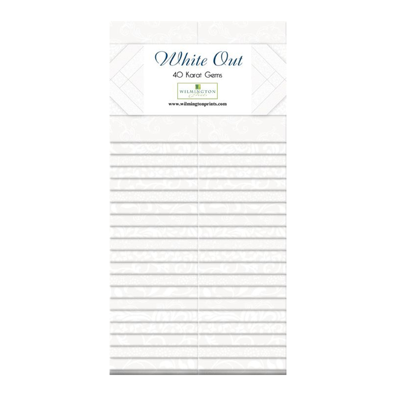 Label for White Out 40 Karat Gems, featuring a grid layout with white lines and decorative header.