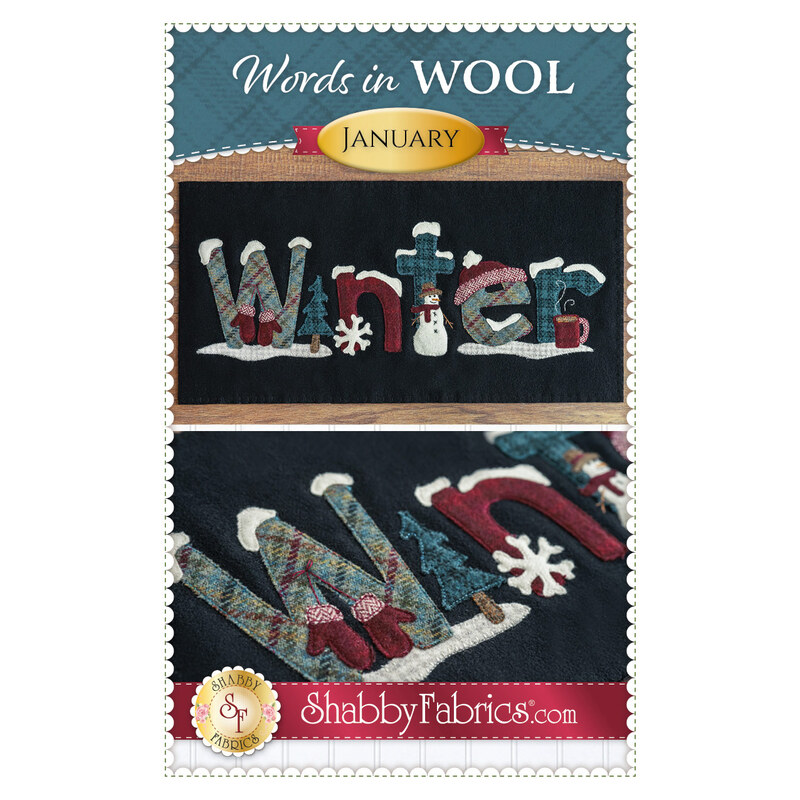 The front of the Shabby Fabrics pattern for Words in Wool January, showing a black wool mat with the word 