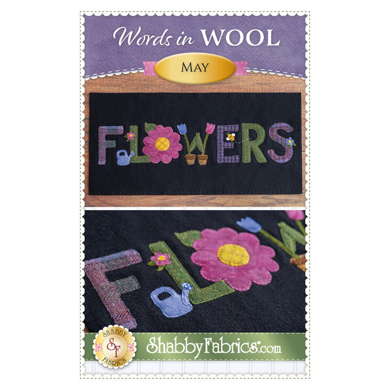 The front of the Shabby Fabrics pattern for Words in Wool May, showing a black wool mat with the word 