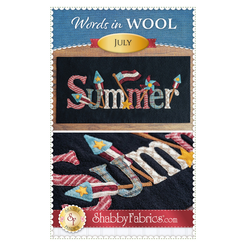 A wool applique that spells Summer with colorful embellishments on a black background.