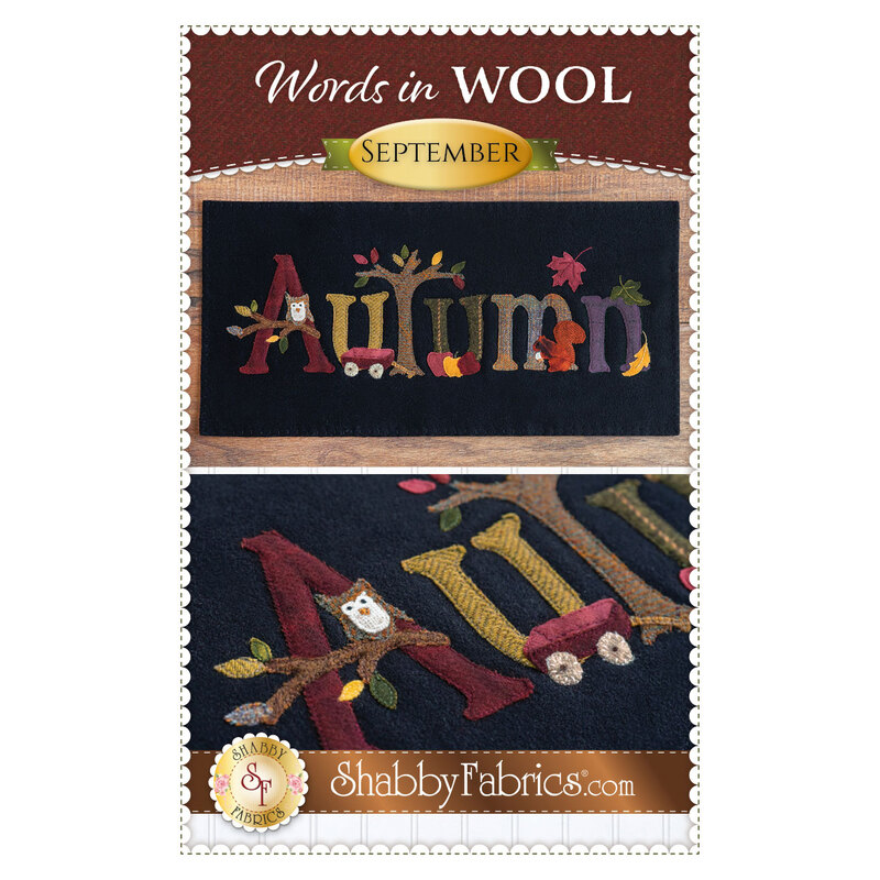 The front of the Shabby Fabrics pattern for Words in Wool September, showing a black wool mat with the word 