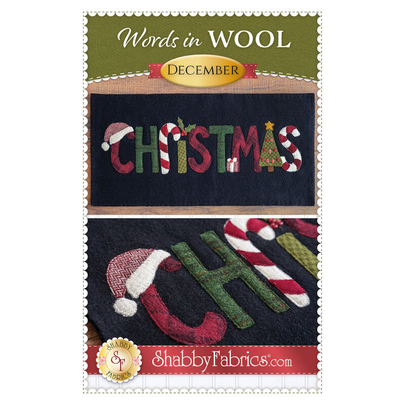The front of the Shabby Fabrics pattern for Words in Wool December, showing a black wool mat with the word 
