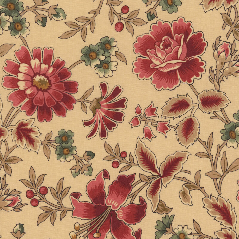 Cream fabric with red and teal florals.