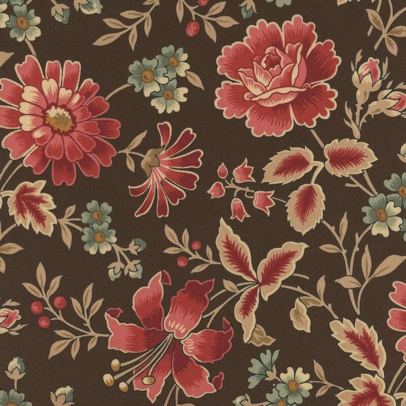 Brown fabric with red and blue florals.
