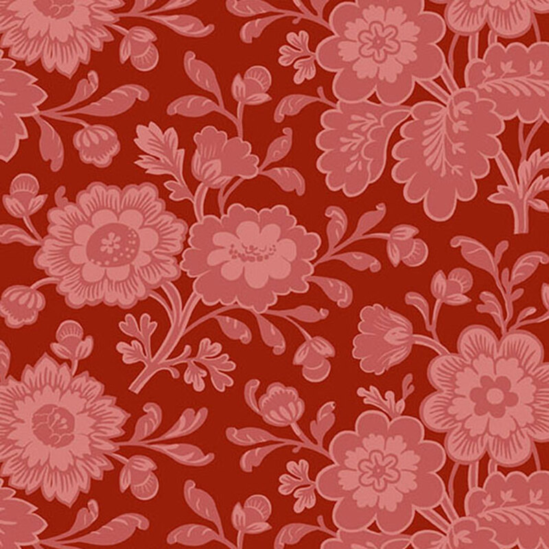 Red fabric with tonal florals.