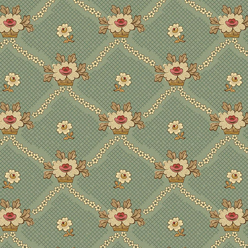 White florals criss-crossing in a lattice design on a textured green background.