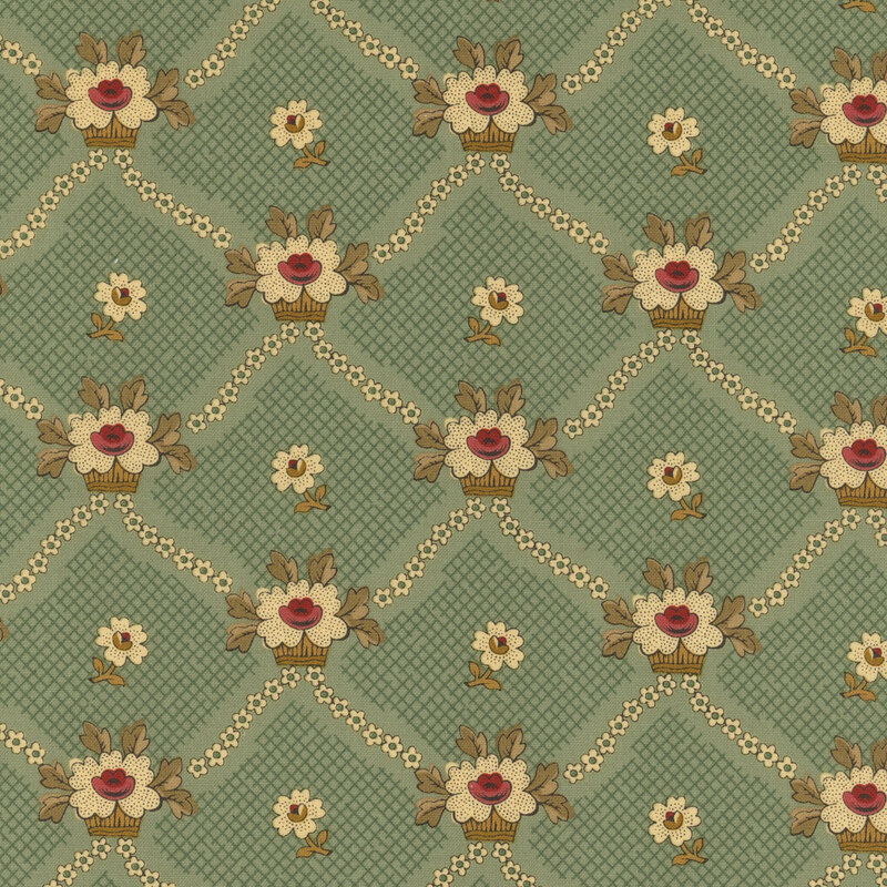 White florals criss-crossing in a lattice design on a textured sage green background.