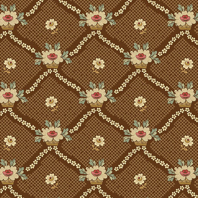 White florals criss-crossing in a lattice design on a textured brown background.