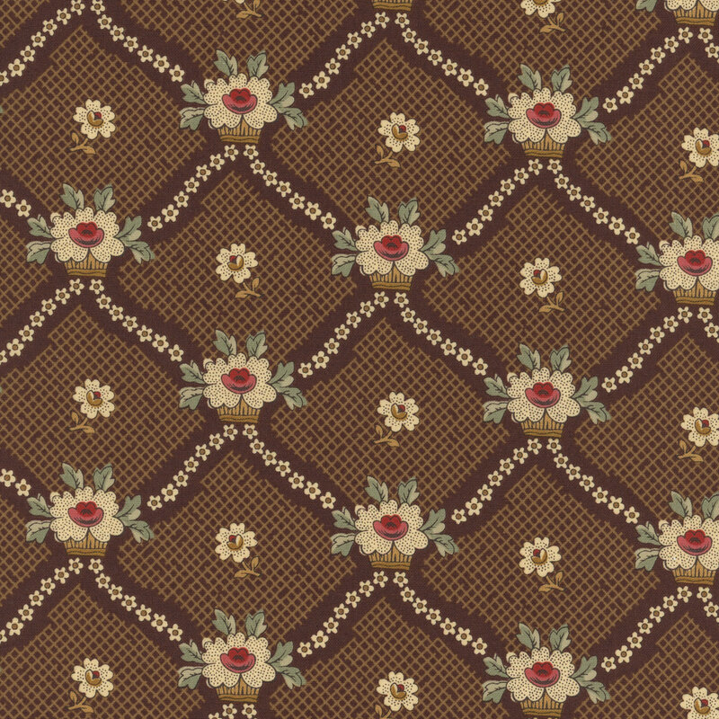 Tan florals criss-crossing in a lattice design on a textured brown background.