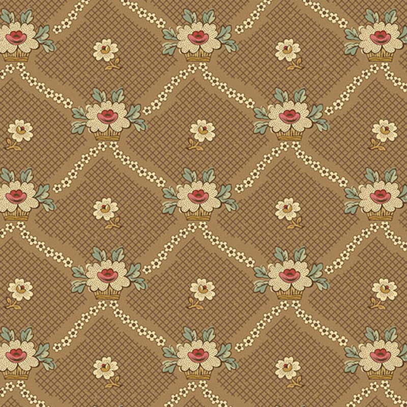 White florals criss-crossing in a lattice design on a textured light brown background.