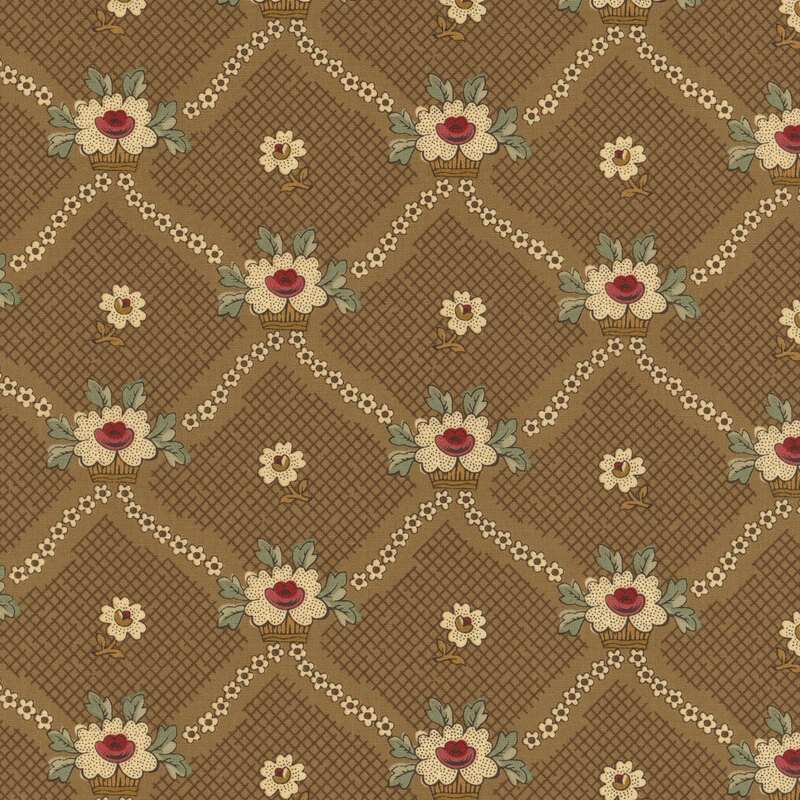 Tan florals criss-crossing in a lattice design on a textured light brown background.