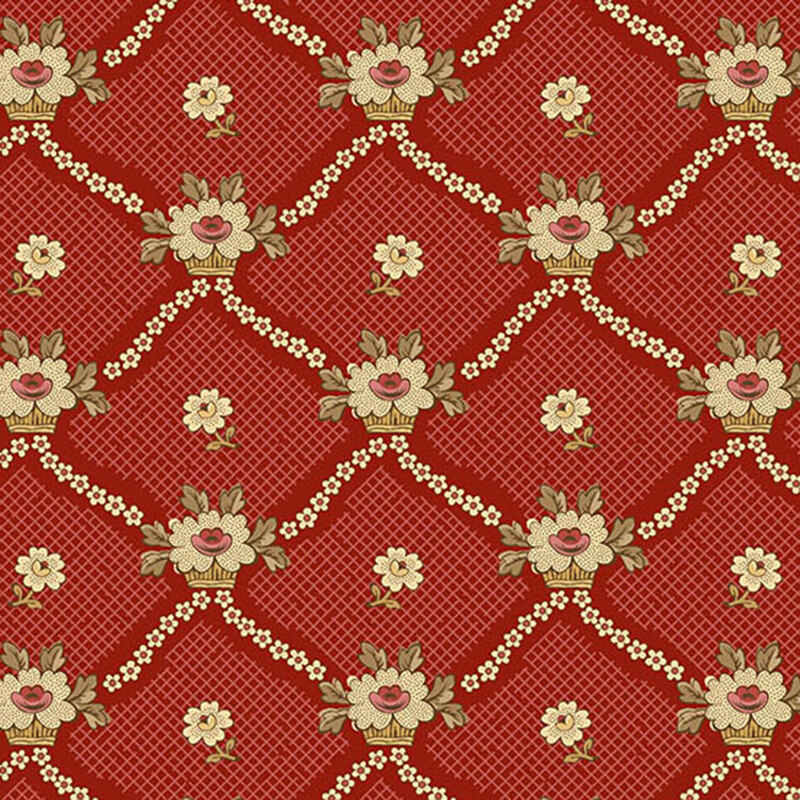 White florals criss-crossing in a lattice design on a textured red background.