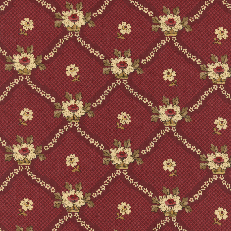 Cream florals criss-crossing in a lattice design on a textured red background.
