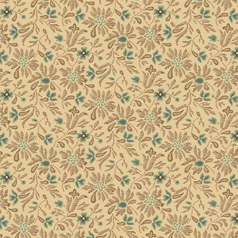 Cream fabric with sprawling blue and brown textured florals.