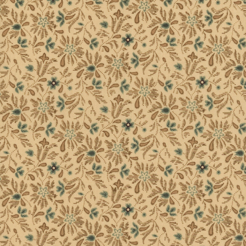 Cream fabric with sprawling blue and brown textured florals.