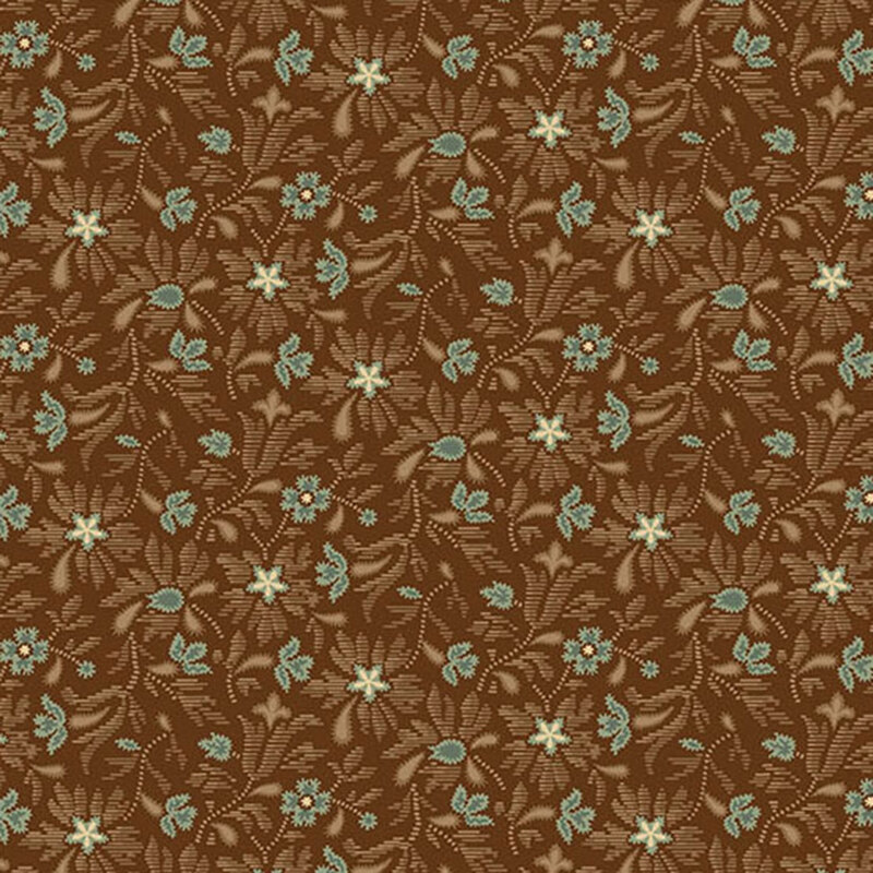 Brown fabric with sprawling blue and brown textured florals.