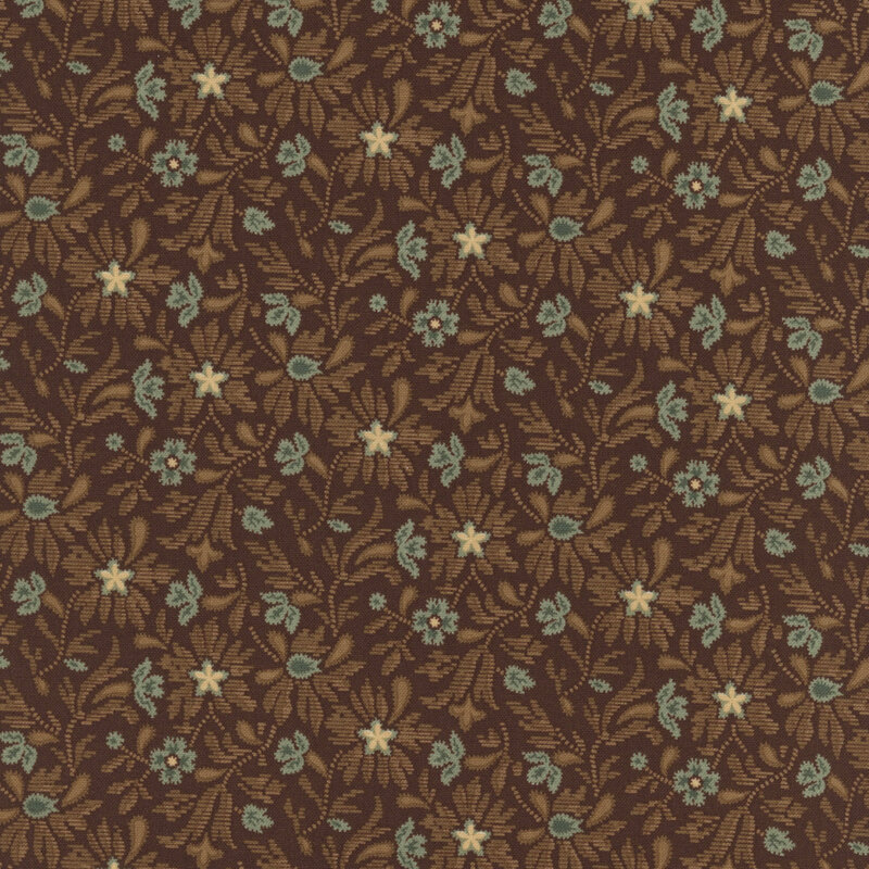 Brown fabric with sprawling blue and brown textured florals.