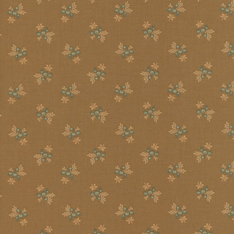 Delicate clusters of blue berries and leaves on a cider brown background.