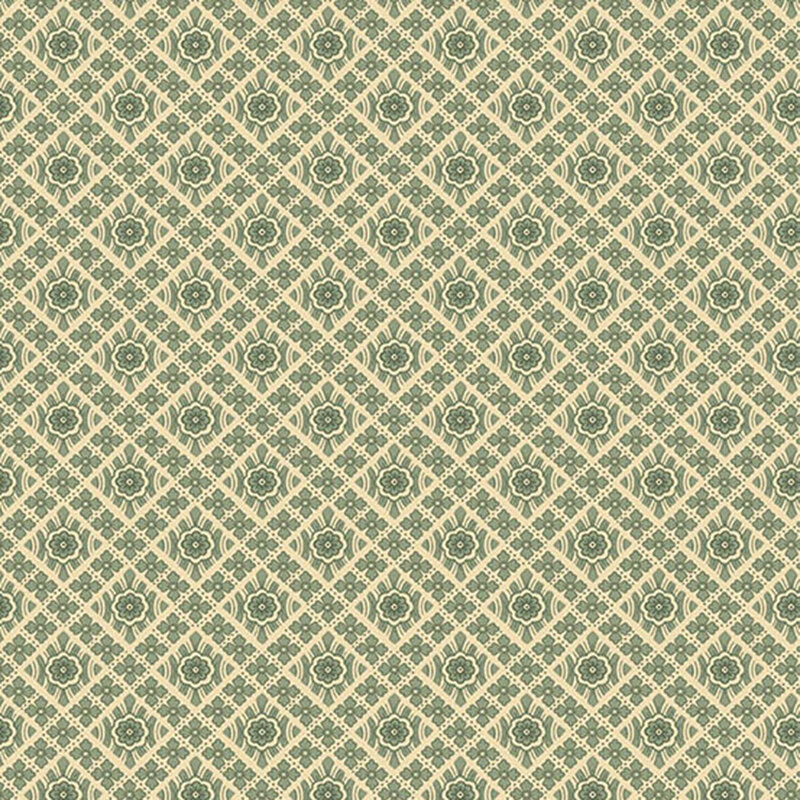 A green geometric floral pattern on a cream background.