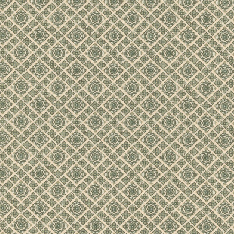 A green geometric floral pattern on a tan background.