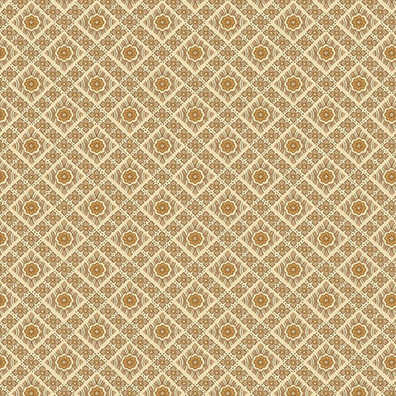 A golden geometric floral pattern on a cream background.