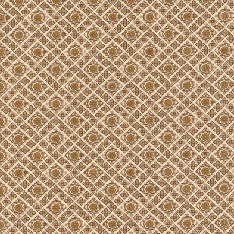 A golden geometric floral pattern on a tan background.