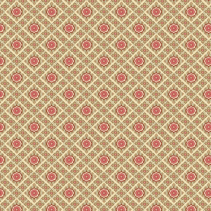 A pink geometric floral pattern on a cream background.