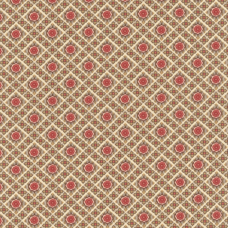 A pink geometric floral pattern on a tan background.