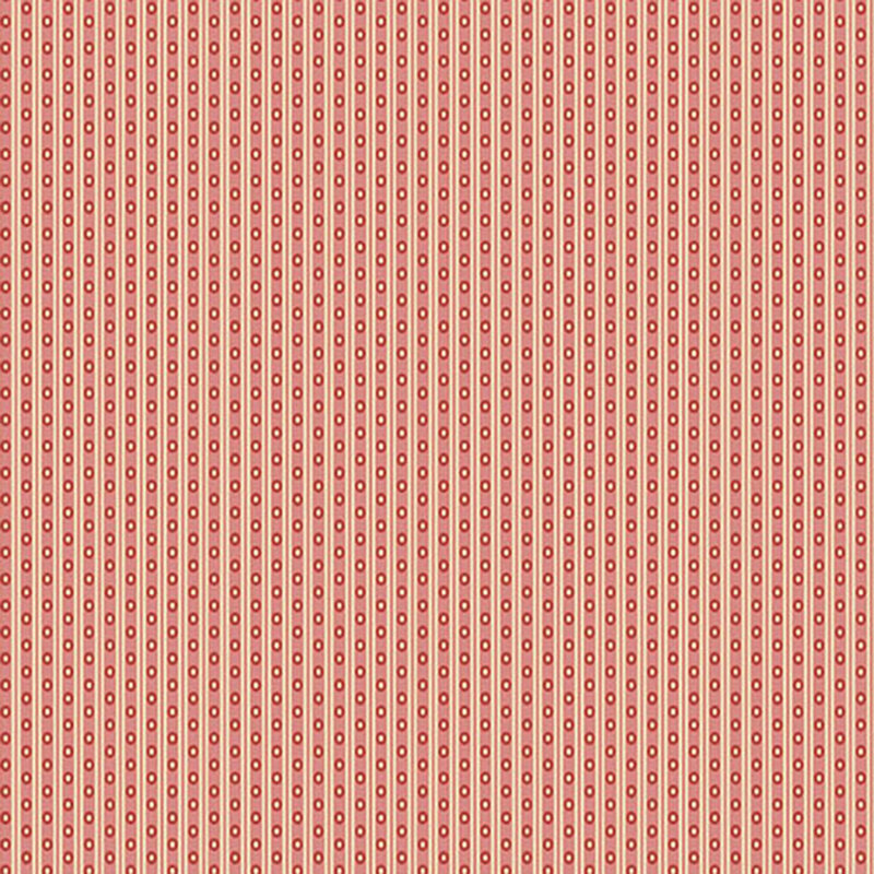 Red fabric with thin cream stripes decorated with tiny ovals.