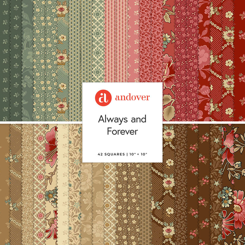 A stacked collage of floral fabrics included in the Always and Forever 10