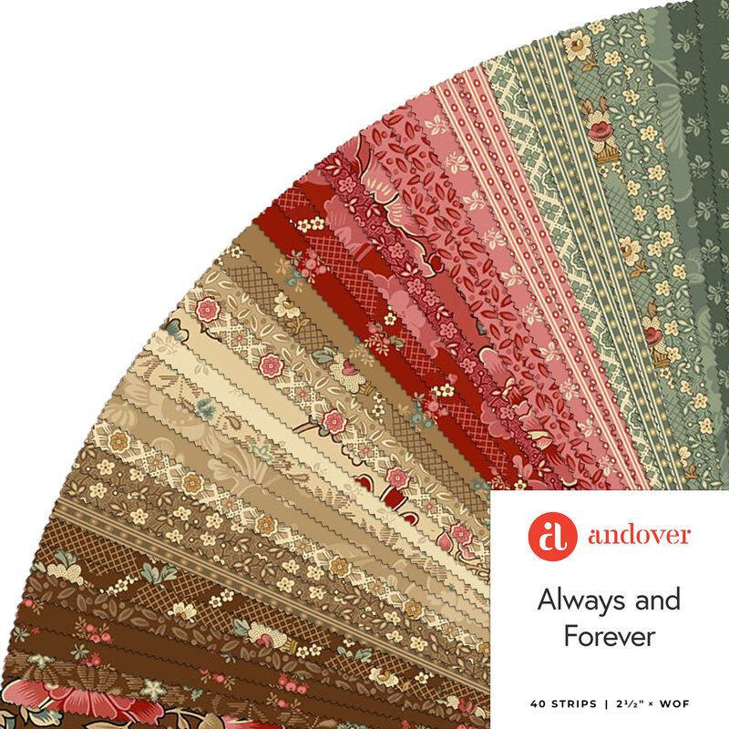 A fanned collage of floral fabrics included in the Always and Forever 2-1/2