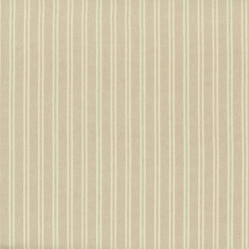 Light beige patterned fabric with thin vertical stripes in varying shades of cream and mint green.