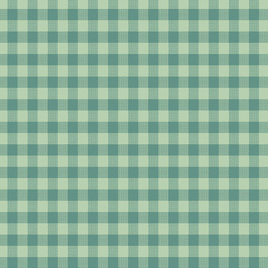 A repeating pattern of light green and teal gingham squares.