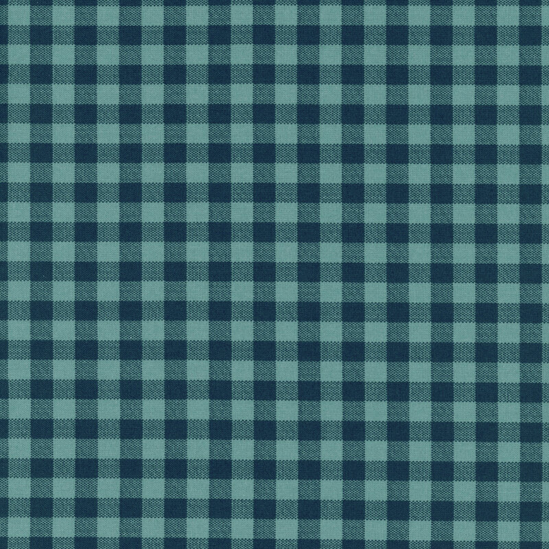 Dark teal and blue gingham pattern fabric. 