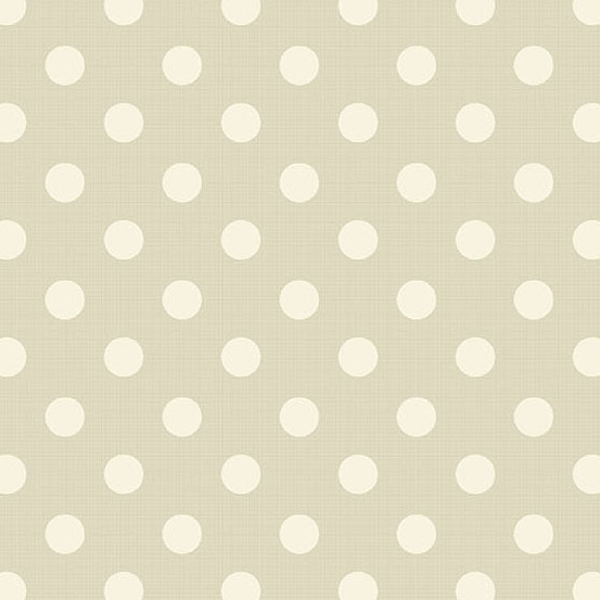 Light tan fabric with evenly spaced white polka dots. 