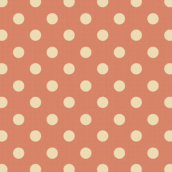 Pattern of cream-colored polka dots on a coral fabric, evenly spaced and symmetrical.